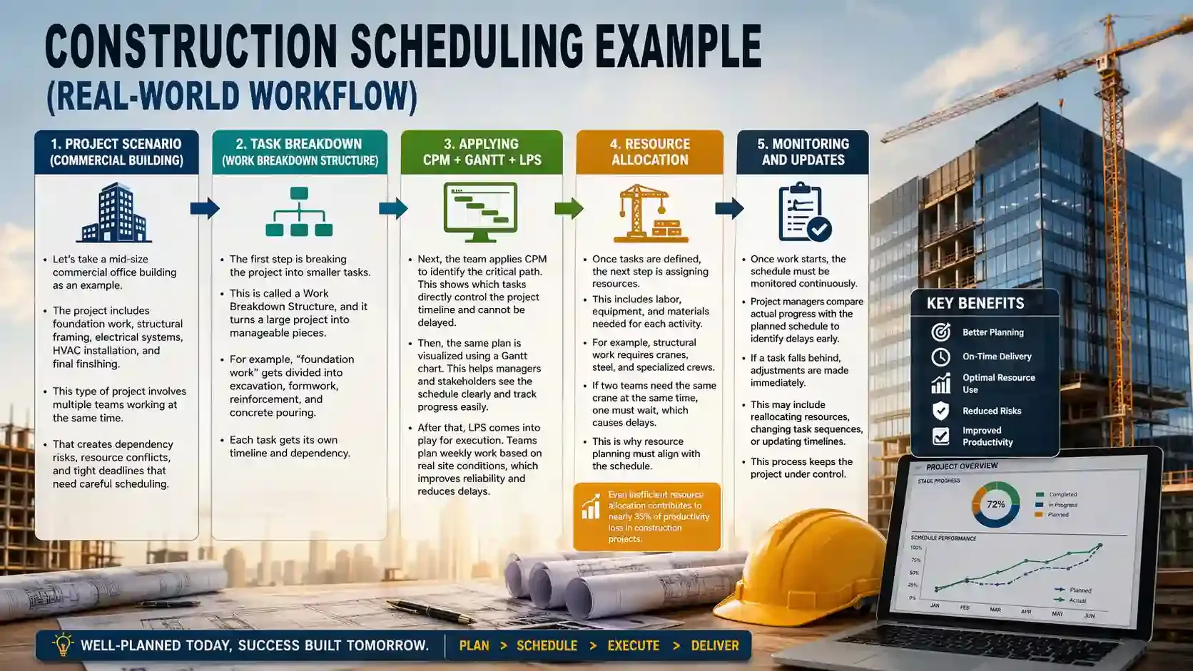 Construction scheduling workflow infographic with Gantt, CPM, and resources